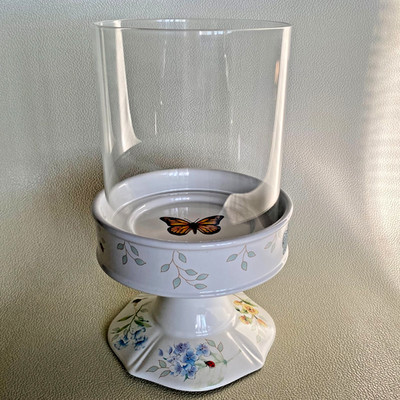 Lenox Butterfly Meadow Porcelain Pillar Candleholder & Glass Shade Retired