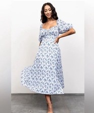 Baltic Born Gwen Smocked Midi Dress Cottagecore White Blue Floral Small