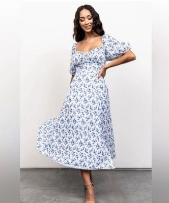Baltic Born Gwen Smocked Midi Dress Cottagecore White Blue Floral Small