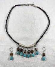 Southwestern Style Sterling Silver Turquoise Jasper Leather Necklace & Earrings