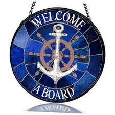 kdqua Nautical Welcome Aboard Suncatcher Stained Glass Window Hanging, Navy