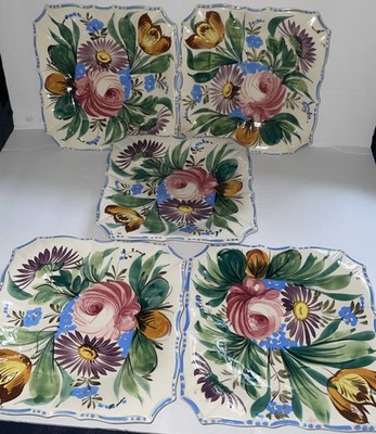 Set Of 5 Square Italian Plates 7'' Handpainted Majolica Nove Rose Vintage  