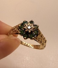 9ct Yellow Gold Emerald & Diamond Cluster Ring Size S Hallmarked Vintage Rare