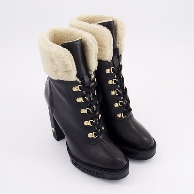 Love Moschino Trek Heeled Black Leather Fur Ankle Boots UK Size 5