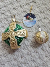 2 Vintage Christmas Ornament INGE-GLAS  Lauscha Germany  Celtic Cross Ball