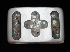 OD13126 VINTAGE 1970s  ABALONE SHELL  SOUTHWESTERN DESIGN FASHION BELT BUCKLE