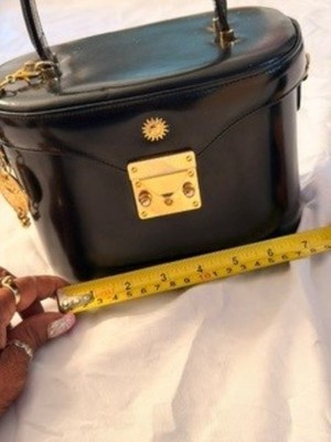 Authentic VERSACE Sunburst Vanity Top Handle Cosmetic Bag Black Patent Leather