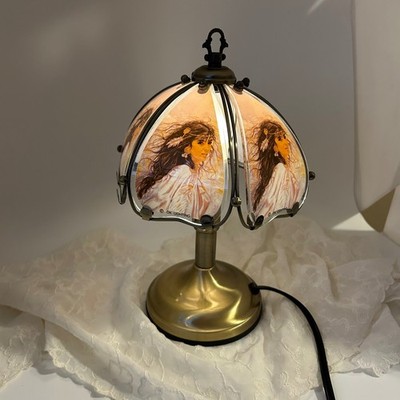 Vintage Touch Lamp Native American Girl Glass Panels Small Desk 