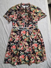 Large Dalia MacPhee Dress Black Floral Bird Tie Neck Whimsy Lace Pearls