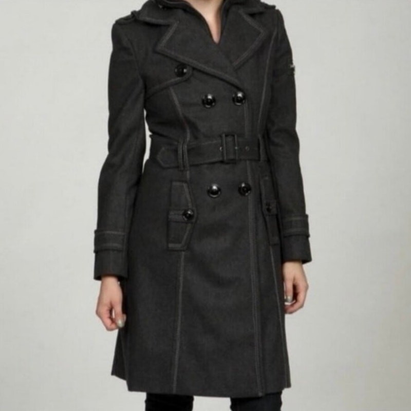 Miss Sixty M60 Wool Blend Trench Pea Coat Womens Medium Gray Double Breasted