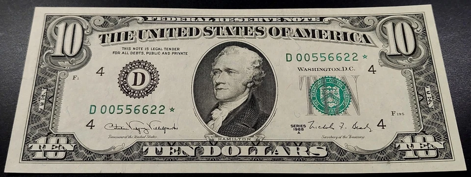 1988 A $10 FRN! STAR NOTE! Quad Doubles serial #! D00556622*!  Fr# 2028 D* - Image 2 of 4