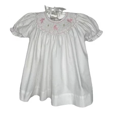 PETIT AMI Preppy Easter White Smocked Embroidered Pink Bunny Dress Size 9 Months