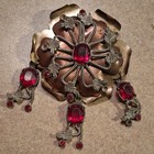 Fred Gray Corp. signed floral flower brooch pin gold tone red oval rhinestone — photo 8