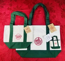 SET OF 3 Trader Joe's Canvas Green /Large, Mini & Micro Tote Bags NWT
