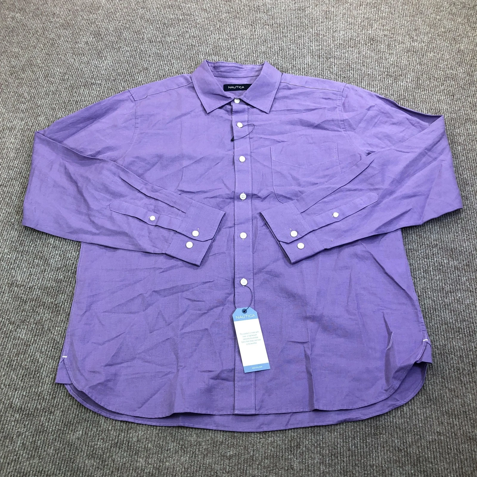 Nautica Shirt Mens Medium Purple Linen Long Sleeve Button Up Casual Woven Pocket