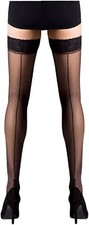 Women Hold Ups Cuban Heel Seamed Stockings Sheer with Non Slip Silicone Lace Top