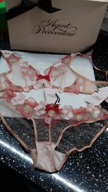 AGENT PROVOCATEUR RARE PHILOMENA RED/PINK BRA 32B 34DD & 3 MEDIUM BRIEF UK10 NWT