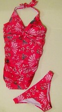 Two Piece Halter Tankini Set Hot Pink Floral Design Slimming Womens Size M
