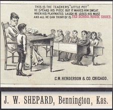 Bennington KS 1800s Red School House Henderson Shoe Teachers Pet Poem Trade Card