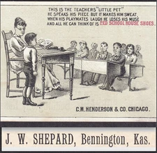Bennington KS 1800s Red School House Henderson Shoe Teachers Pet Poem Trade Card