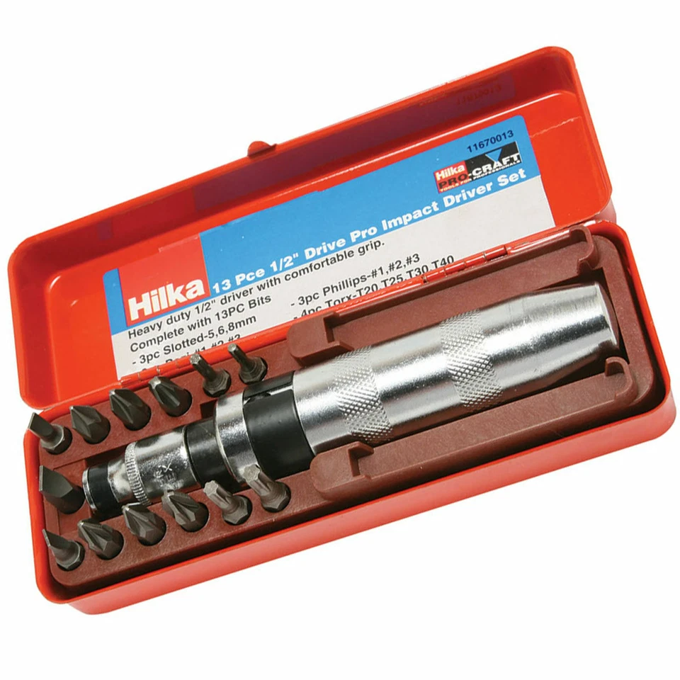 Hilka 11670013 1/2" Drive Hand Impact Screw Driver Bit Set Pozi Torx Phillips