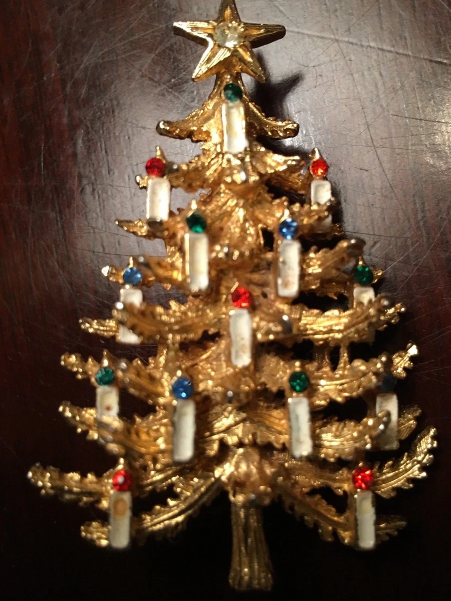 Vintage signed ART candle rhinestone Enamel Christmas tree brooch