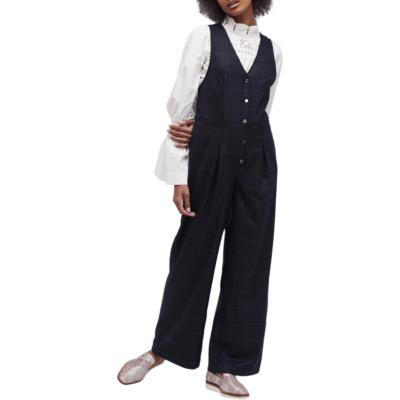 Free People Womens Navy Vested Button Front Wide-Leg Jumpsuit Size
