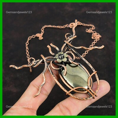 Womens day Deal Copper Oval Pyrite Gemstone Chain Wire Wrapped Flower Necklace