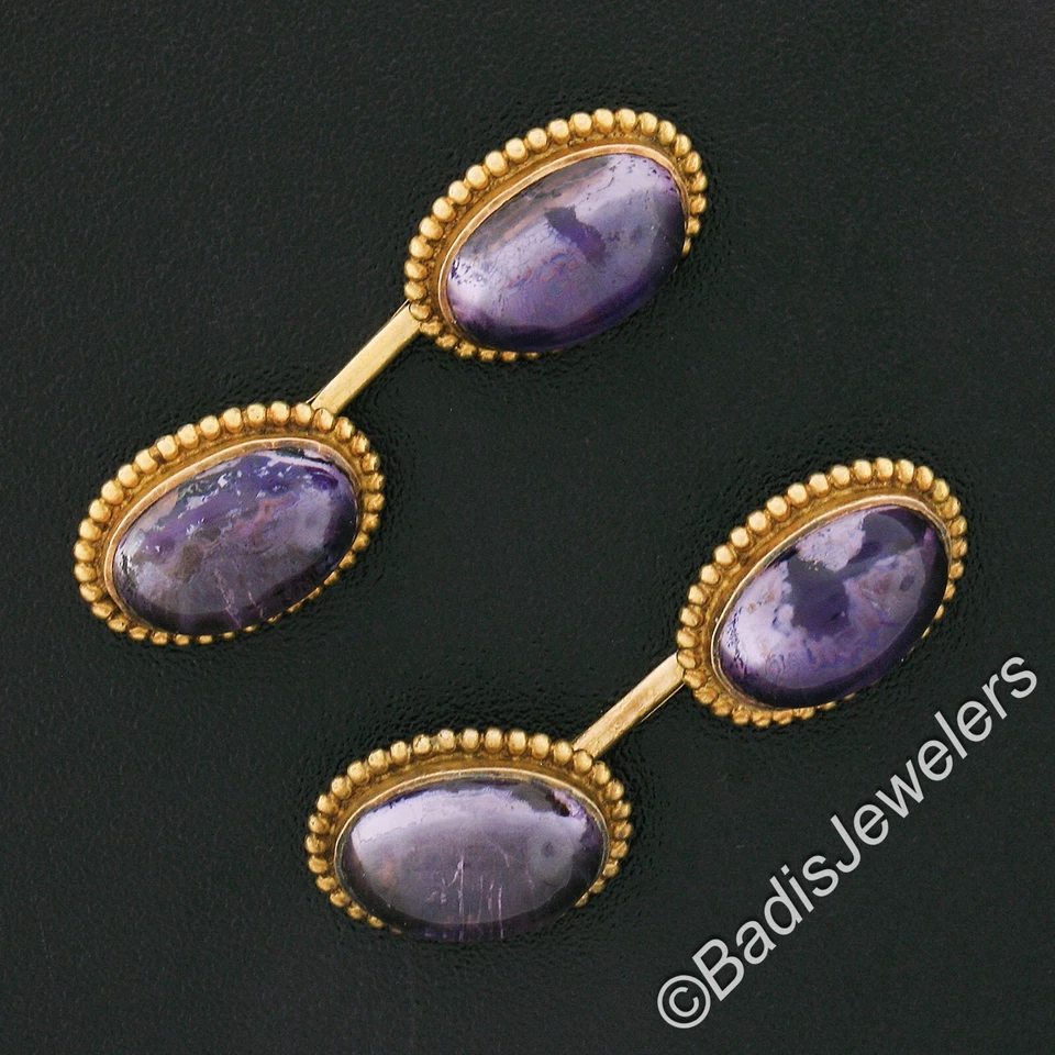 Gemelos antiguos de oro de 14 quilates con bisel de cabujón ovalado con marco de cuentas de bola de amatista para hombre Foto 2 de 4