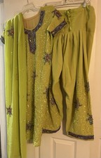 Handmade punjabi Indian Pakistani 3pc Salwar Kameez Lime Green See Pics For Size