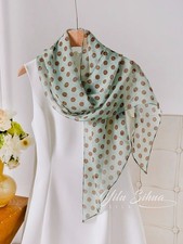 100 Silk Scarf Women Green Brown Polka Dot Lightweight Spring Summer 63 12"