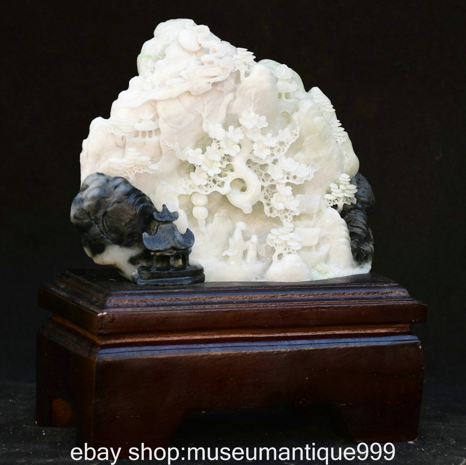 9.6" Chinese Dushan Jade Carving Mountain Tree House People Statue ...