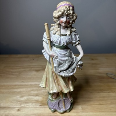 Antique German Bisque Figurine Fisherwoman Girl Flat back Mold 4234 12  19thC