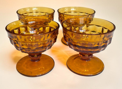 Vintage - Colony  -  Whitehall Amber Cubist  Footed Dessert Dishes Lot of 4