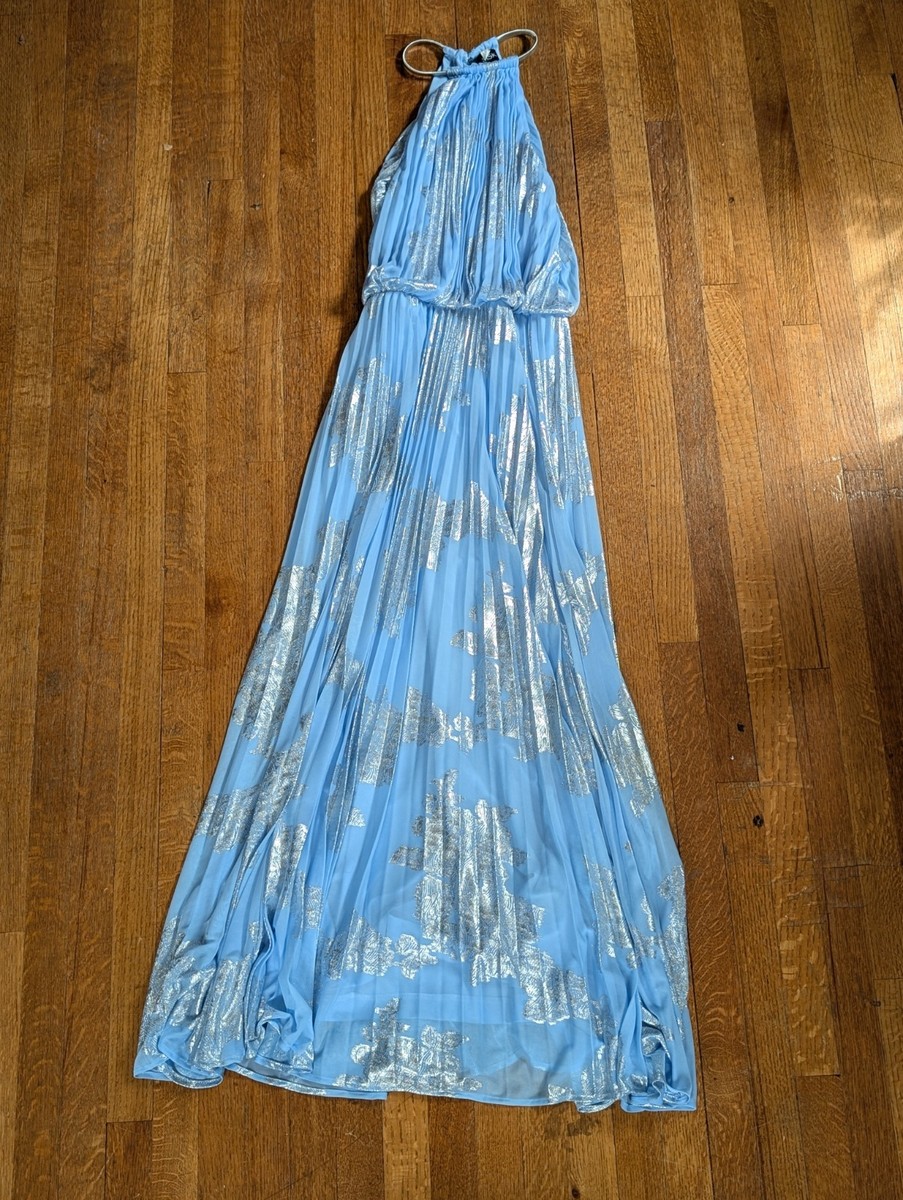 MSK Light Blue & Silver Sleeveless Halter Dress Full Length Grecian Style