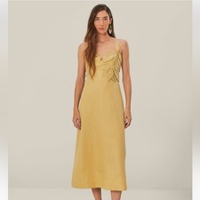 FARM Rio 100% linen Sand 3d Flower Bodice Midi Dress Size L