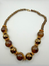 CHUNKY BROWN RESIN BEADED STATEMENT NECKLACE GOLD TONE DISCS SPRING RING WOMENS