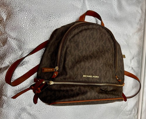 Michael Kors Rhea Zip Backpack Brown MK Signature Logo Gold Tone Leather Trim
