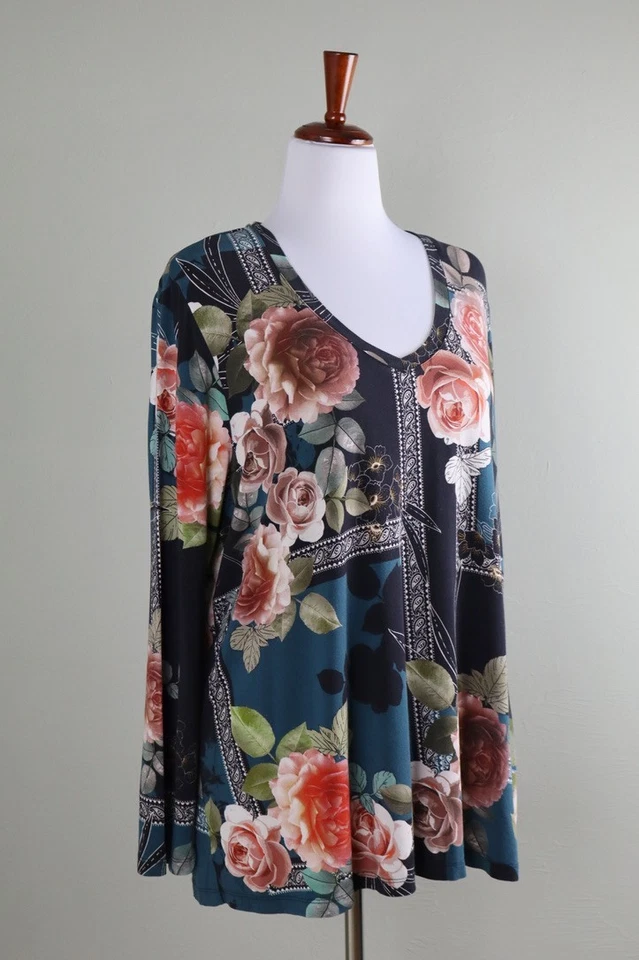 Camiseta JOHNNY WAS Los Angeles $138 Rosabel Floral Cuello en V Manga Larga Talla 1X Foto 3 de 4