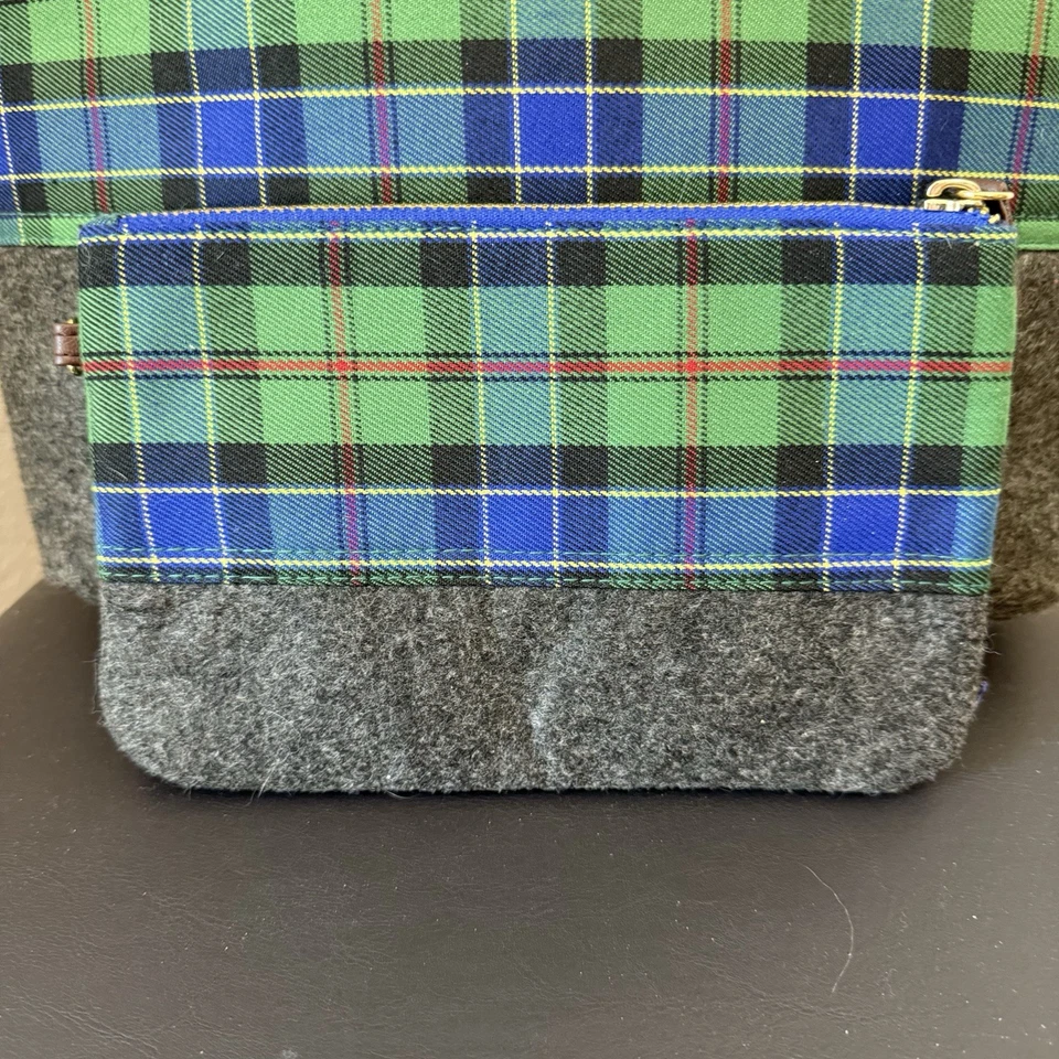 Bolso de Mano Mezcla de Lana Azul y Verde a Cuadros con Asa de Cuero Sintético Marrón Viaje Foto 3 de 4