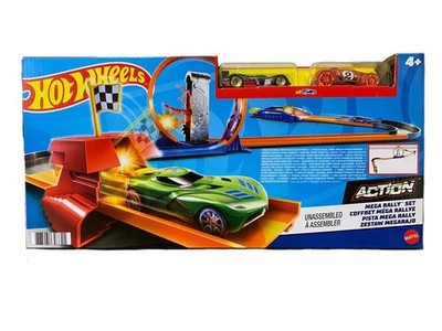 Hot Wheels Action Stunt Tracks Mega Rally Set enthält 2 zufällige Druckguss-Autos