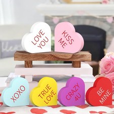 Valentines Day Decor, 6 Pcs Double Printed Wooden Conversation Hearts Decor for