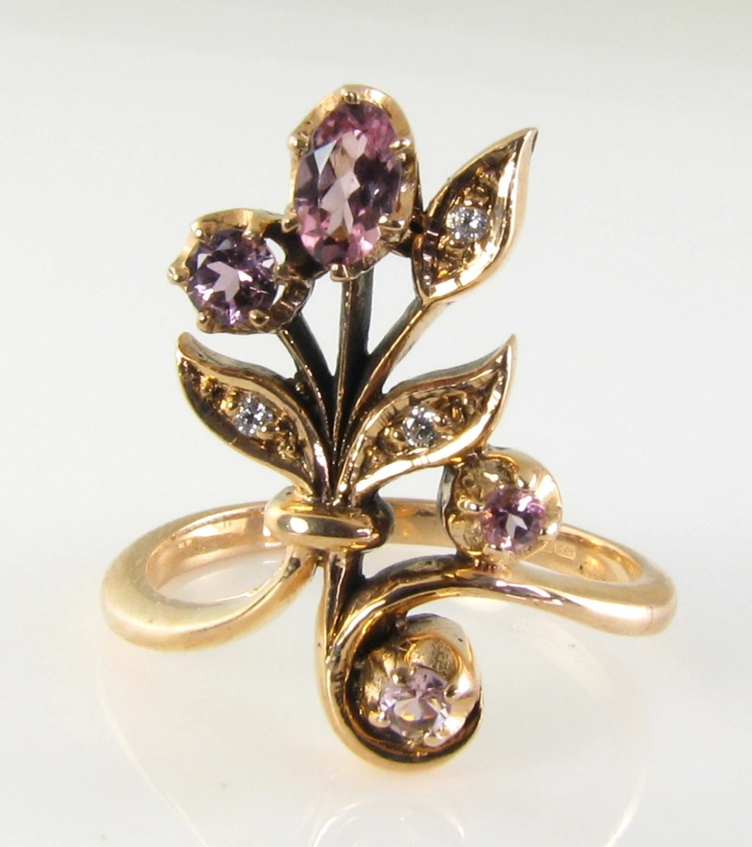 Anillo Floral Longe Cluster 9K 9CT Oro Rosa Con Diamante Y Turmalina Rosa