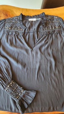 RAMY BROOK WOMENS BLACK STUDDED MANDI LONG SLEEVE BLOUSE,  SMALL