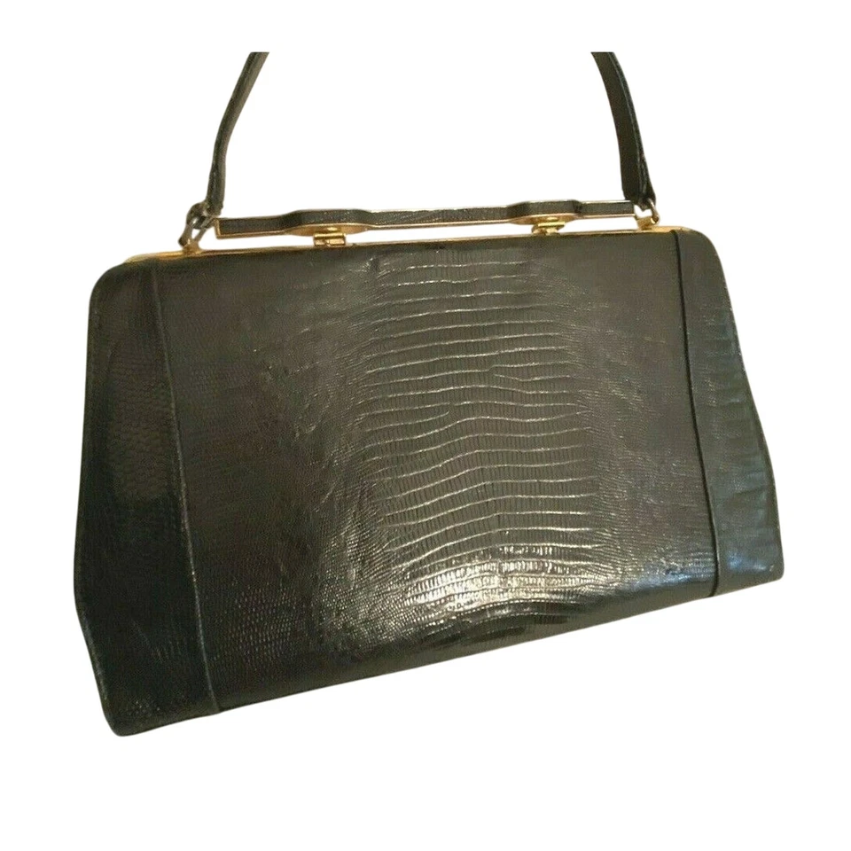 Vintage Mid Century Top Handle Purse Black / Brown Lizard Skin Textured Leather - Image 2 of 4