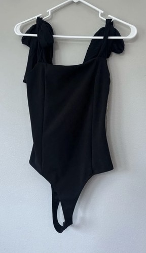 Women’s Black Solid One-Piece Bodysuit w/ Snap Closure, Strap Accent Size S