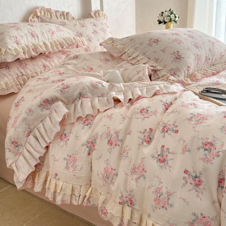 BuLuTu Pink Floral Duvet Cover Full with Lace Ruffles, Romantic ...