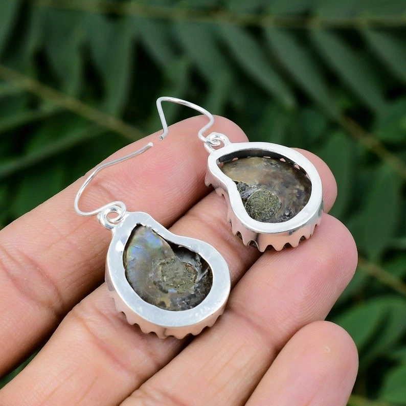 Ammonite Fossi Gemstone Handmade Dangle Earring 925 Sterling Silver Jewelry - Image 4 of 4