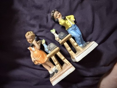 Vtg Pair Bisque Figurines Boy Girl Phones Telephones 5.5x2.5  Porcelain