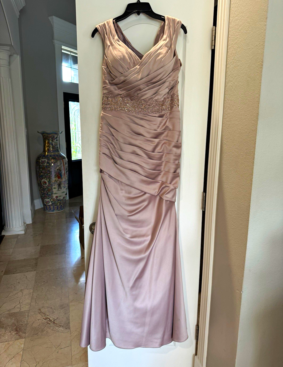 La Femme Pink Satin V-Neck Sleeveless Long Formal Gown Beaded Zip Size 8